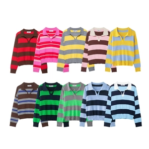 Collage of striped long-sleeve Polo neck sweaters in various vibrant color combinations