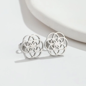 Detailed view of silver stainless steel earrings with hollow mandala flower design