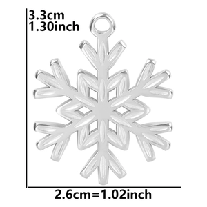 Macro shot of a stainless steel snowflake pendant with dimensional 3.3cm by 2.6cm measurements
