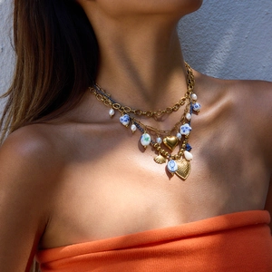 Bohemian multilayer gold necklace with turquoise, pearls and heart charms for women