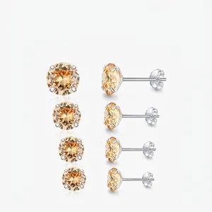 Round Champagne Zircon Stud Earrings With 925 Sterling Silver Earring Post Minimalist Elegant Luxury Dainty Jewelry Women