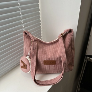 Pink corduroy tote bag with large capacity and detachable small round coin purse charm