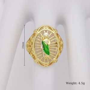 Detail of 23mm gold hollow-out ring with green enamel saint icon and 4.5g weight info