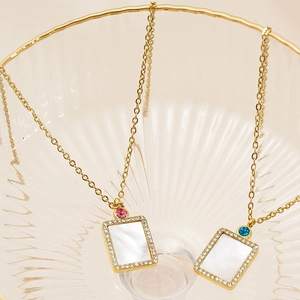 Natural Shell Rectangle Pendant Necklace 18K Gold Plated Stainless Steel With Color Zircon Birthstone Jewelry For Women Elegant