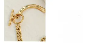 Detalle del collar chapado en oro de 18K con cadenas de serpiente y eslabones y cierre toggle