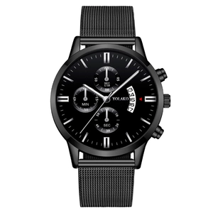 YOLAKO black business quartz watch with stainless steel mesh strap and calendar dial