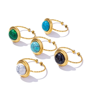 Adjustable 304 stainless steel rings set with colorful marble stone inlays in gold finish