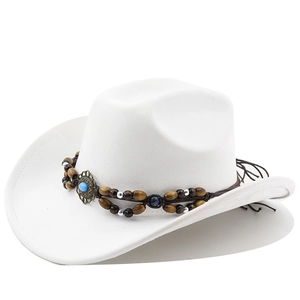 Detail of white western cowboy hat featuring bohemian beaded band with blue gemstone