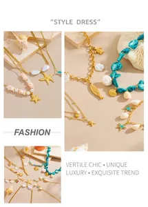 Detail view of gold-plated starfish, shell, and turtle charms on ocean-themed jewelry