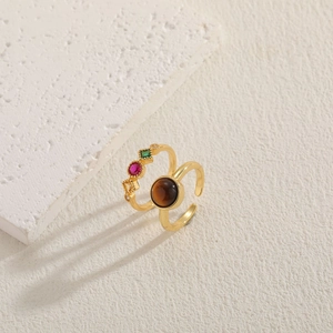 Tiger eye and multicolor zircon 14K gold plated geometric open rings set for women