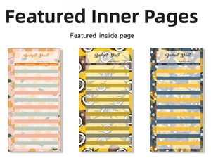 Detail of A6 binder budget sheets with colorful fruit illustrations and six-hole design