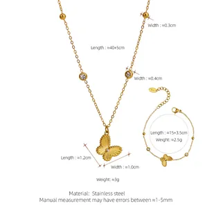 Size specifications for gold butterfly necklace and bracelet set in stainless steel