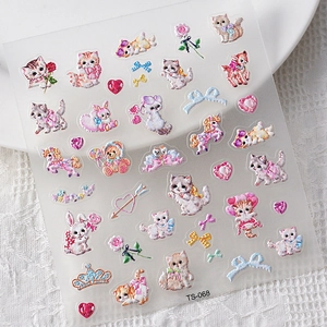 5D embossed nail stickers featuring cute cartoon animals and floral embroidery texture