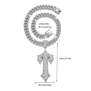 Silver iced out Cuban link chain with sword cross pendant and crystal rhinestones
