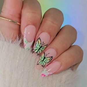 Almond Press On Nails French Floral Butterfly Pattern Glossy Long Full Cover Fake Nails Women