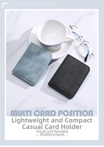 Detail of slim leather card holders with embossed logo and neat stitching craftsmanship