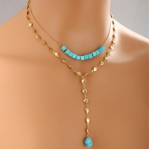 French vintage 14K gold plated double layer necklace with turquoise beads and heart charms