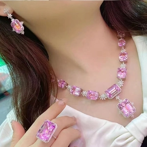 Luxury pink gemstone jewelry set with necklace earrings and ring for wedding events