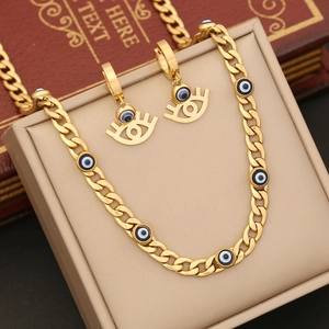 Evil Eye Necklace Bracelet And Earrings Stainless Steel Enamel Gold Color Cuban Link Gothic Jewelry For Women