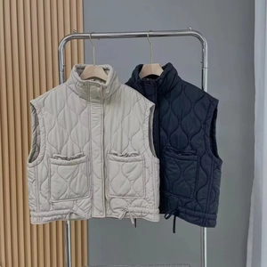 Women Quilted Vest Padded Gilet Stand Collar Drawstring Hem Pockets Solid Color Casual Lightweight Outerwear