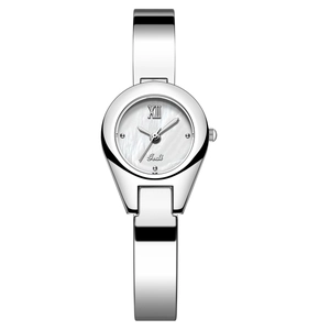 Elegant silver bangle watch for women with white mother-of-pearl dial and minimalist style