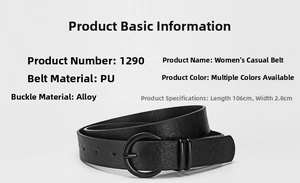 Close-up detail of women's black PU leather belt measuring 106cm long and 2.8cm wide