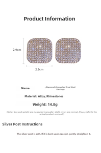 Detail view of 2.9cm square rhinestone earrings with alloy material specifications