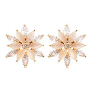 Elegant floral stud earrings with cat eye stones and cubic zirconia in gold finish