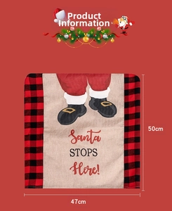 Detail of Christmas chair cover with Santa motif, red plaid trim and 50x47cm dimensions