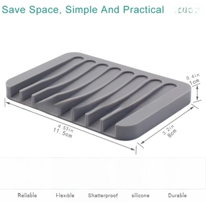 Macro view of grey silicone soap dish with wavy drainage design and 11.5x8cm dimensions