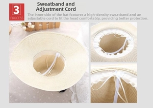 Detail of white straw hat interior with adjustable drawstring and sweatband