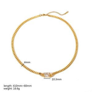 Detailed view of golden necklace with rectangular clear gemstone and size measurements
