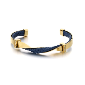 Men's titanium steel twisted C-shape cuff bracelet with blue leather and zircon stones