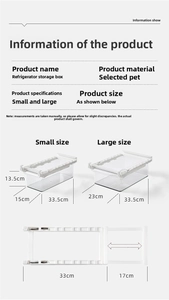 Size chart for PET refrigerator drawer showing small and large dimensions with adjustable brackets