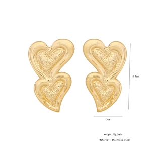Close-up of golden stainless steel double heart earrings with size and weight specs