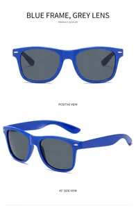 Front and side views of blue square sunglasses with grey lenses and silver accents