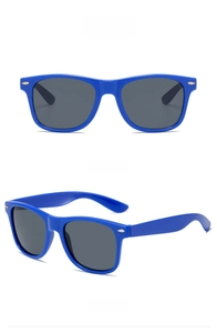 Front and side views of blue square sunglasses with grey lenses and silver accents