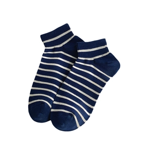 Women's summer cotton ankle socks featuring dark blue and white stripes in a college style