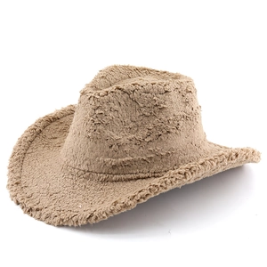 Cappello da cowboy in peluche color cammello con tesa larga e calda texture in lana