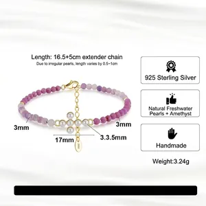Natural lepidolite beads and freshwater pearl cross bracelet in S925 sterling silver