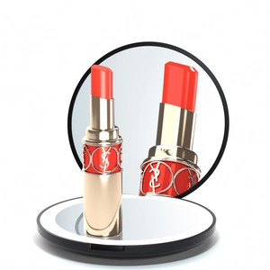 Detail of LED makeup mirror with base storage for lipstick and ring light feature