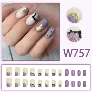 Lavender glitter press-on nails with cream white and gold wavy patterns set W757