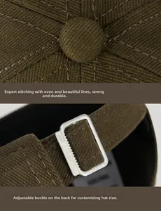 Detail of olive green cotton twill baseball cap with metal buckle and sewing craftsmanship