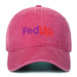 Detailed macro view of retro washed pink cotton twill baseball cap with FedUp embroidery