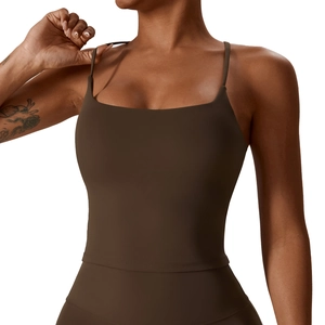 Chocolate brown yoga tank top with thin straps and square neckline on a clean background