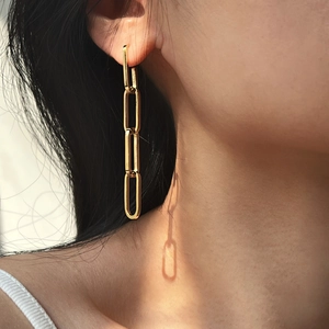 Dettaglio di lunghi orecchini a catena groumette in oro 18K indossati da una modella