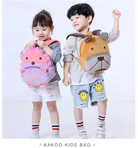 Detailed plush animal backpacks for toddlers featuring 3D hedgehog and dog designs