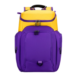 Detail view of purple and yellow sports backpack showing dual zipper and top handle