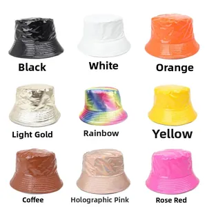 Grid view showing glossy faux leather bucket hats in nine vibrant colors and finishes