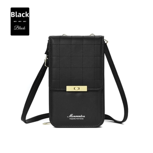 Close-up of black quilted leather phone bag featuring a gold rectangular metal lock